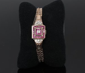 Vintage Fabulous Art Deco LUCIEN PICARD Diamond And Ruby Watch In 14 Karat GOLD-shippable