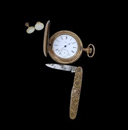 Early Elgin Pocket Watch, Pocket Knife And Collar Button Studs-shippable