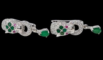Vintage Pair Of Sterling Silver, Emerald, And Ruby Leopard/panther Drop Earrings- Shippable