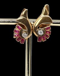 14kt Yellow GOLD Ruby Baguettes With Diamonds Clip Earrings -shippable