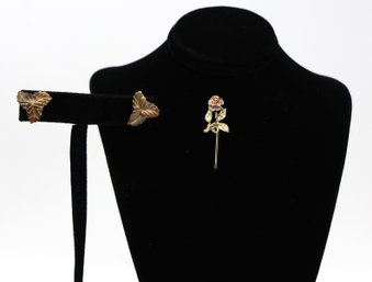 14k Yeloow Gold Rose Stick Pin And Leaf Earrings
