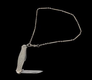 10k White GOLD Pocket Knife And 14kt White Gold Chain - Shippable
