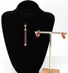 Stunning Vintage14kt Vintage GOLD Bar Pendant With Rubies And Pearls And Ruby Earrings-shippable