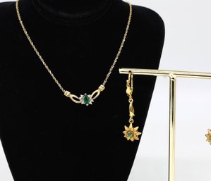 Elegant Vintage 14kt. Yellow GOLD Necklace & Emerald Earrings Set-shippable