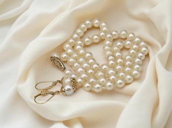 Stunning Pearl Necklace With 14k GOLD Clasp & Dangle Earrings Valentine Gift!!  Shippable