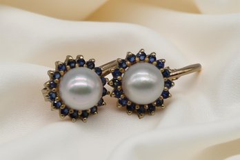 14k Yellow GOLD Cultured Pearl And Natural Blue Sapphire Halo Clip Earrings-shippable