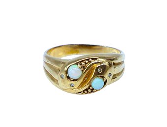 Vintage Victorian Revival 10k GOLD Double-headed SNAKE Ring With Opals And Diamonds-shippable