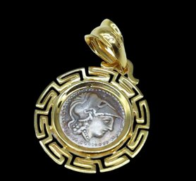 14k Gold And 925 Sterling Silver  Coin Replica Pendant With A Greek Key Pattern Bezel-shippable