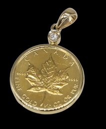 24kt. GOLD Canadian Maple Leaf Coin Set In 14kt Pendant Featuring A Diamond -shippable