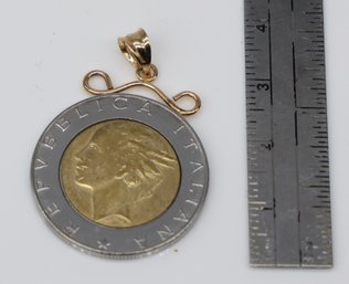 1989 Italian 500 Lire Bimetallic Coin Fitted With 14kt. Bail- Shippable