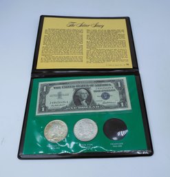 The Silver Story, 1957 Silver Certificate, 1921 Morgan Dollar, 1922 Peace Dollar  PLUS SILVER GRANULES!!