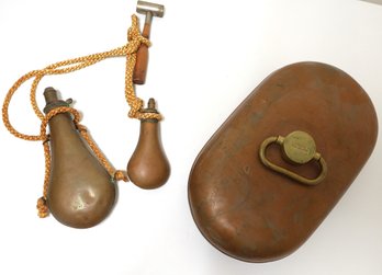 Antique Brass And Copper Foot Warmer And 2 Powder Flasks -shippable
