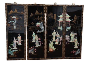 Vintage Chinese Black Lacquer Four-panel Screen With Mother-of-pearl And Hardstone Inlay