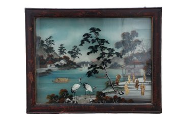 Antique Two Dimensional Japanese Reverse Glass Painting And Mother Of Pearl
