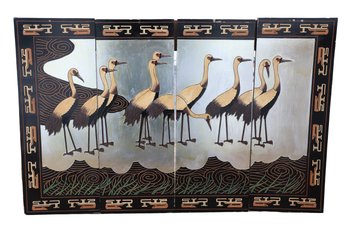 Vintage Chinese Four-panel Screen With A Silver Ground And Hand-painted Red-crowned Cranes.