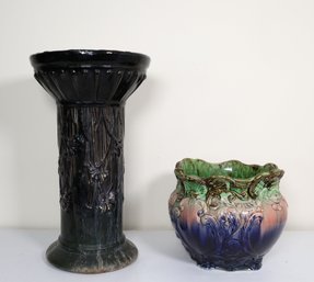 Exceptional Blended Glaze WELLER Cupid Cherub Jardiniere And Black Pedestal