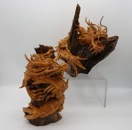 Vintage Pair Hand-carved Twin Cosmic Naga Dragon Sculpture