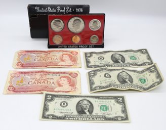 Bicentenial Proof Set , Two Dollar Bills American And Canadian- Shippable