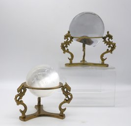 Two Crystal Balls Each With A Brass Dragon Stand-shippable