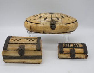 Three Vintage Handcrafted Camel Bone And Brass Trinket Or Jewelry Boxes