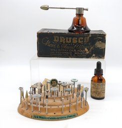 Collection Of Vintage Medical Dental Items Drusco Nose & Throat Atomizer &  S.S. White Carborundum Stand