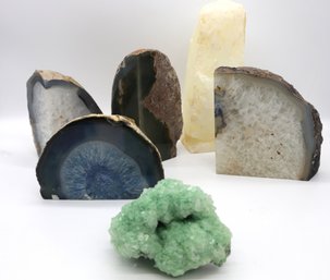 Collection Of Polished Agate Geode Bookends And A Rough Mineral Specimen