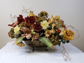 Silk Floral Arrangement With Metal Bowl And Four Feet