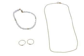 14k Yellow Gold Chain, Water Pearls W/ 14K Bracelet And 14k Hoops-shippable