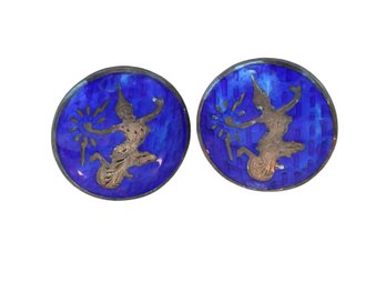 Vintage Blue Enamel Siam Sterling Silver Earrings- Shippable
