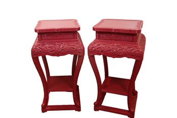 Pair Asian Vintage Red Wooden Stands With Dragons