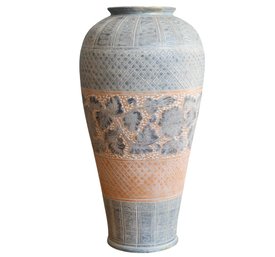 Decorative Very Large Pottery Vase In A Powder Blue ,white And Tan
