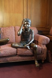 Lovely Indoor/ Outdoor Cast Bronze Sculpture Of A Young Boy In Shorts