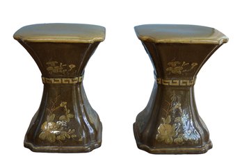 Vintage Glazed Ceramic Pair Of Garden Stools Or Plant Stands