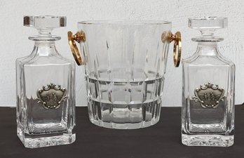 Vintage Crystal Decanters With Golf Themes  And Ice Bucket Set