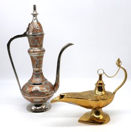 Vintage Brass Aftaba Ewer And Matching Aladdin-style Genie Lamp