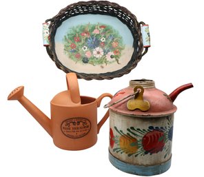 So Sweet ! Vintage Watering Cans And Hand Painted Tray/basket