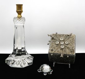 Crystal Candlestick, Swarovski Turtle , And Beaded Box With Lid.