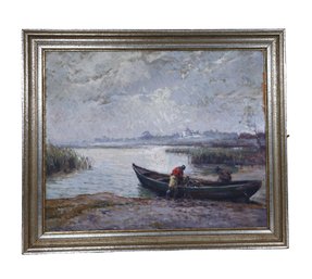 Vintage Original Oil Painting On Board Fisherman And His Boat