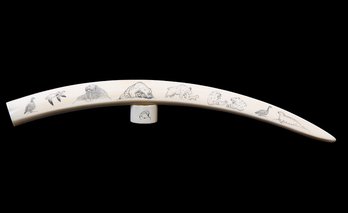 Inuit Walrus Tusk Signed By W. Kakoona With Stand