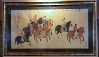 Chinese Vintage Gouache Painting Of A Traditional Polo Game , Known As Dakyu.