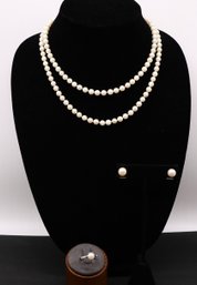 Lovely Set Of Pearls , Necklace, Earrings And Gold Ring