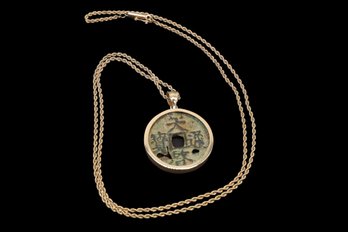Wonderful Pendant Antique Chinese Cash Coin  With 14k Gold Necklace