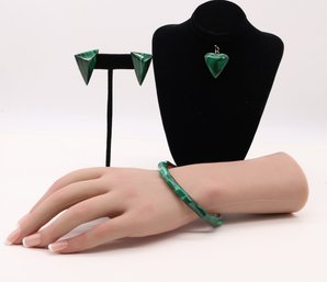 Malachite Bracelet, Earrings And Heart Pendant