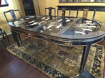 Vintage Chinese Black Lacquer Round /oval Table And 8 Chairs