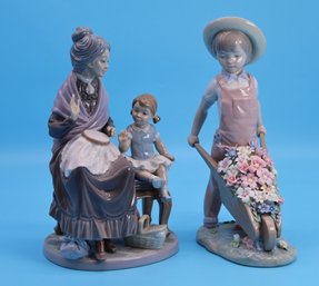 2 Vintage Lladro Wheelbarrow With Flowers Boy And A Visit With Granny Figurines