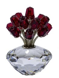 2 Swarovski Crystal Vase Of Roses And Rose With Dew Drops