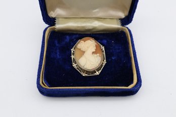 14kt  Vintage Brooch Features A Hand-carved Shell Cameo Portrait Set Within A Detailed Filigree Frame