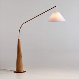 Gibson Wood Hanging Arc Floor Lamp With White Shade For Crate And Barrel