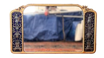 Antique Mirror With Warriors On A Cobalt Blue Mirror And Carved Gilded Wood Frame