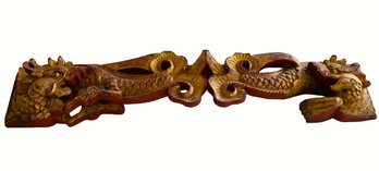 Old Chinese Carved Wooden Plaque With Dragons